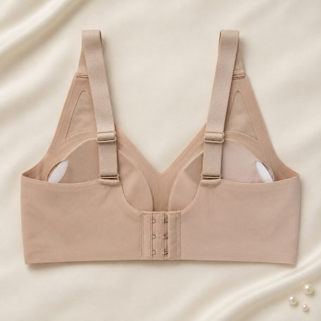 RBF Aurelle Adjustable in Beige, back view on ivory silk with pearls.