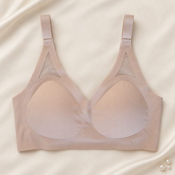 RBF Aurelle Adjustable in Beige, front view on ivory silk with pearls.