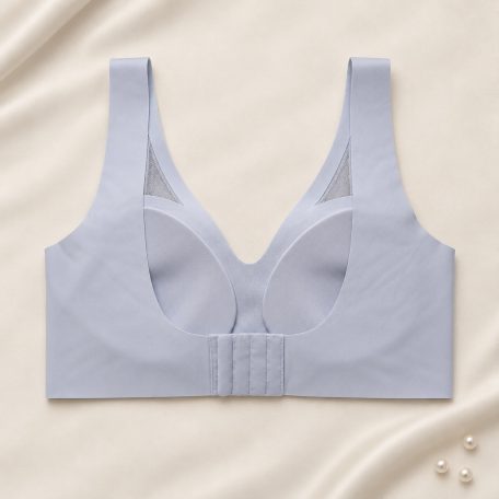RBF Aurelle in Light Blue, back view on ivory silk with pearls.